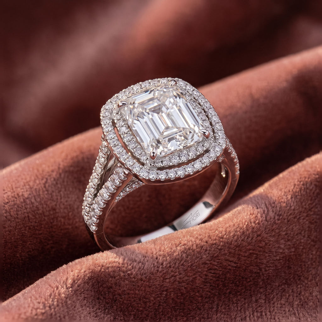 18K Halo Cushion-Cut Solitaire Diamond Ring — AI cloth, in-house