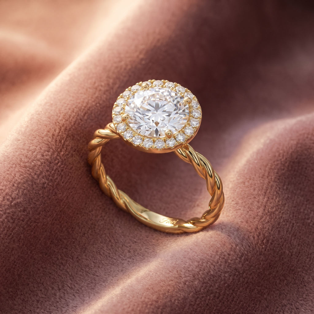 18K Halo Round Diamond Engagement Ring — AI cloth, in-house