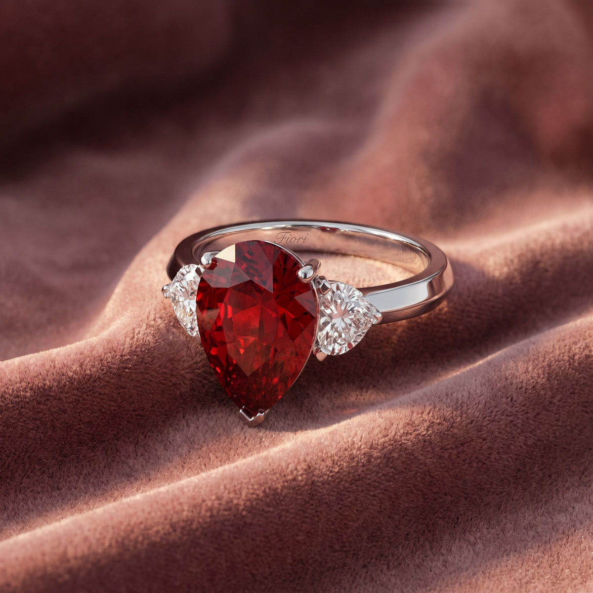 18K Trilogy Pear Diamond Ring — AI cloth, in-house