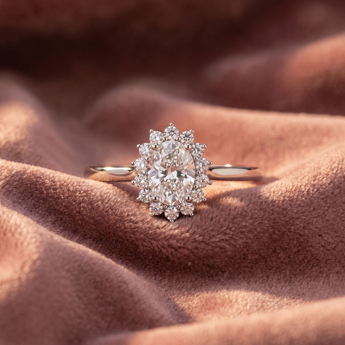 18K Halo Diamond Ring — AI cloth, in-house