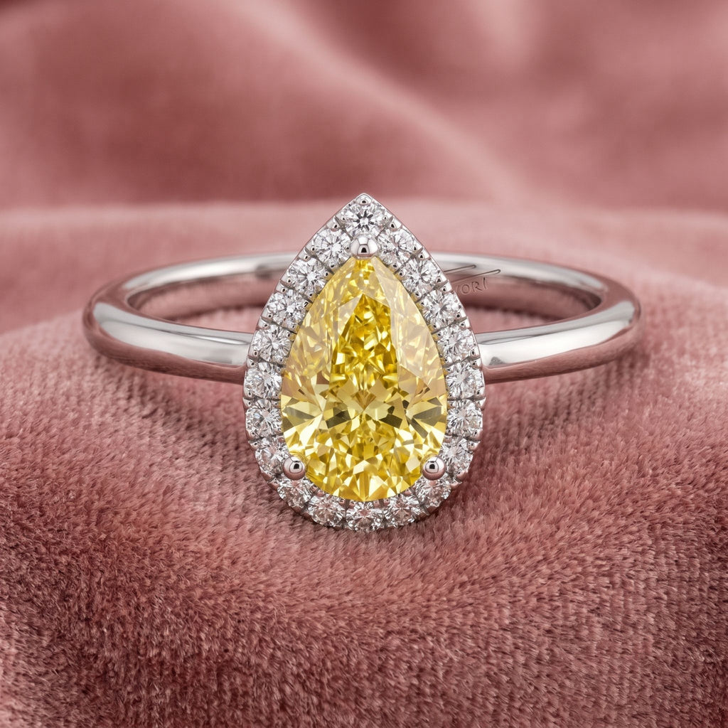 18K Halo Pear Diamond Engagement Ring — AI cloth, in-house