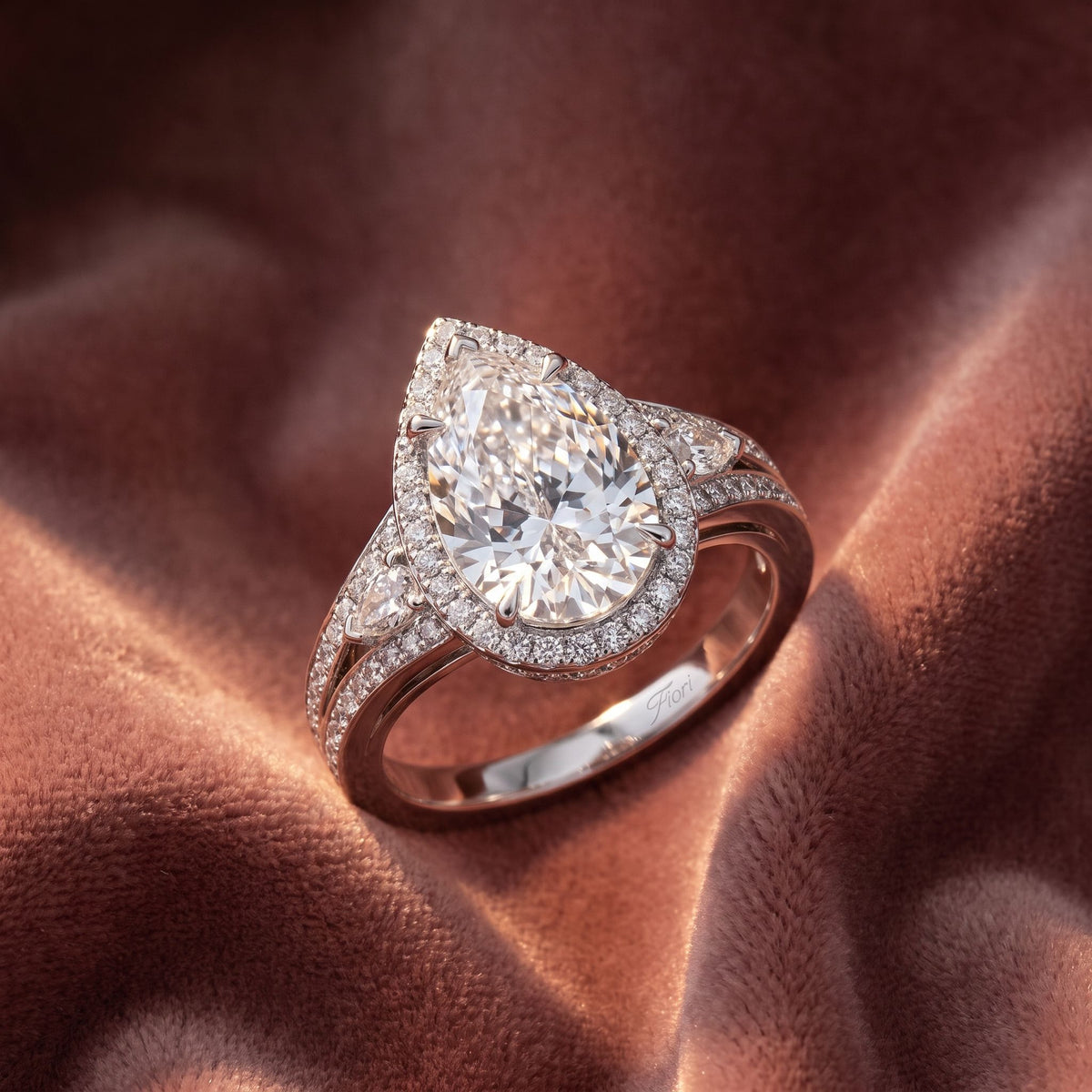 18K Shoulder Set Pear Diamond Ring — AI cloth, in-house