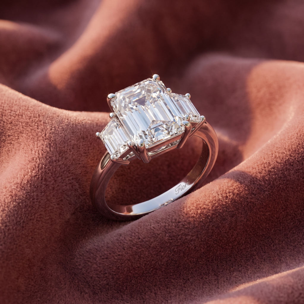18K Trilogy Emerald-Cut Diamond Ring — AI cloth, in-house