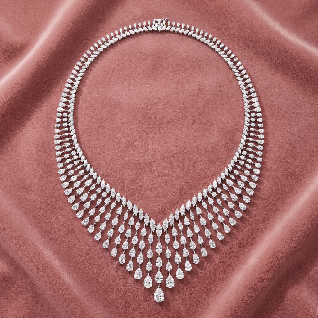 18K Teardrop Halo Diamond Necklace — AI cloth, in-house