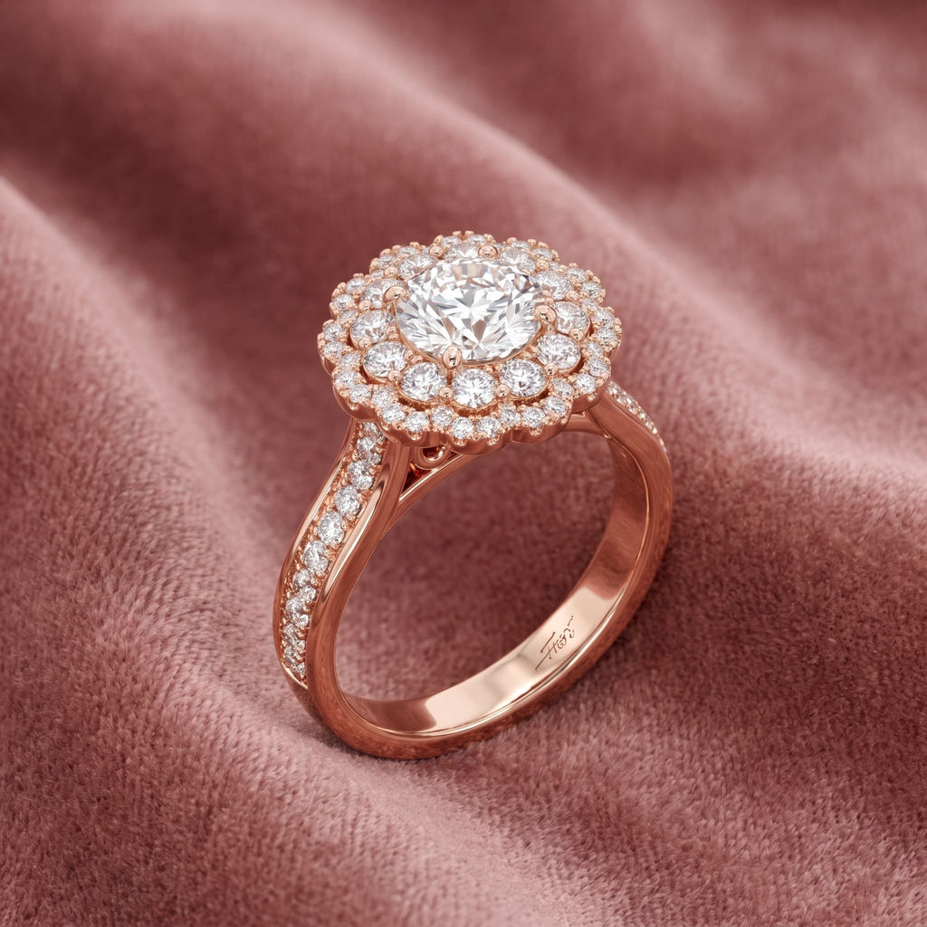 18K Halo Round Diamond Engagement Ring — AI cloth, in-house
