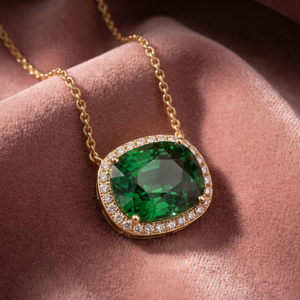 18K Halo Cushion Emerald Diamond Pendant — AI cloth, in-house