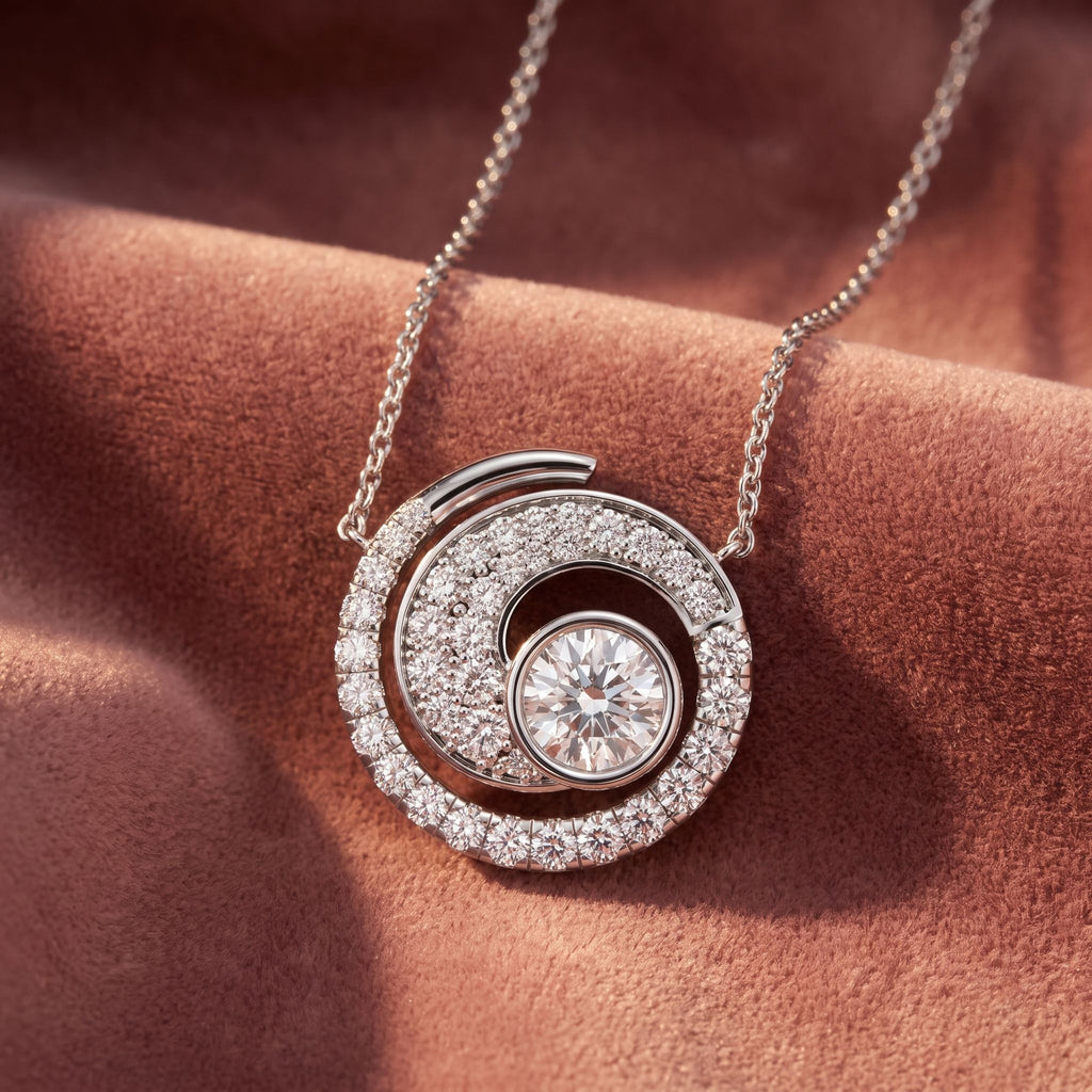 18K Spiral Round Diamond Pendant — AI cloth, in-house