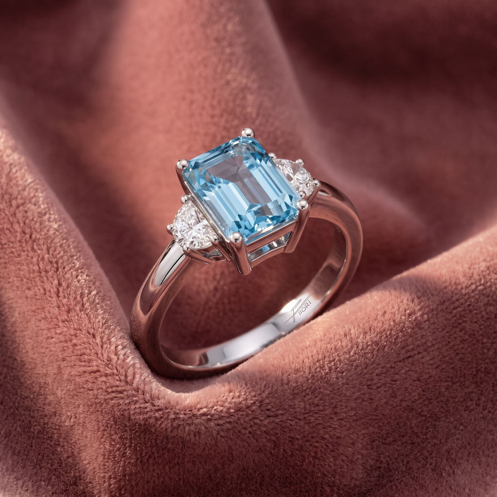 18K Trilogy Emerald-Cut Diamond Ring — AI cloth, in-house