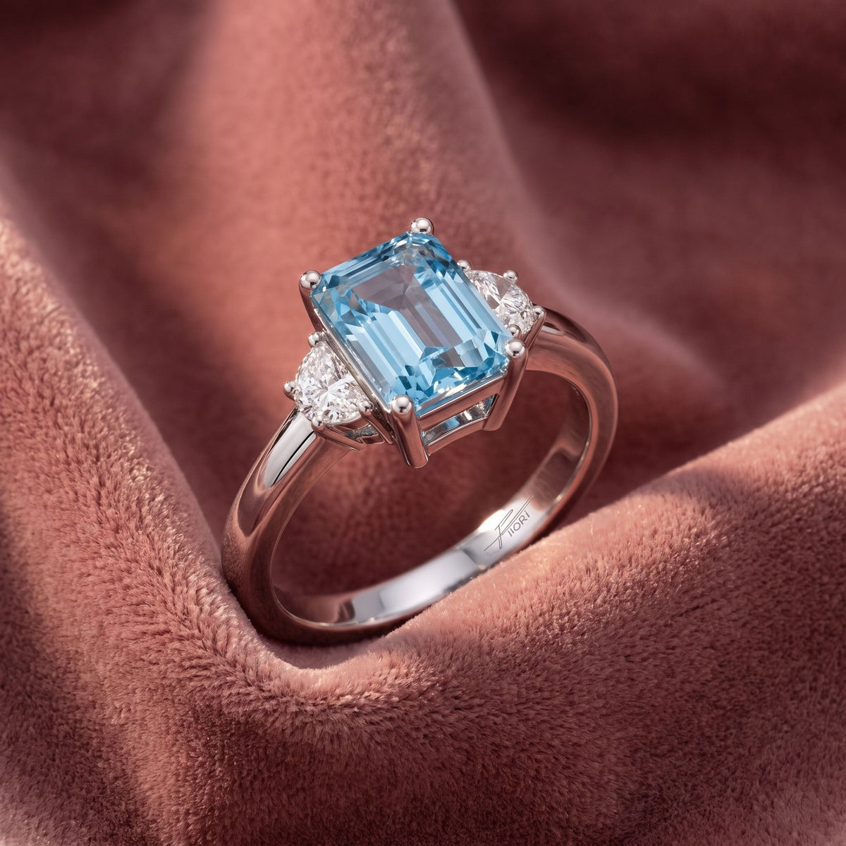 18K Trilogy Emerald-Cut Diamond Ring — AI cloth, in-house