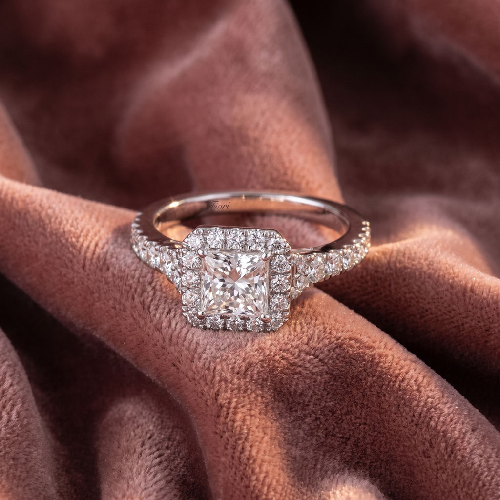 18K Halo Princess Cut Diamond Ring — AI cloth, in-house