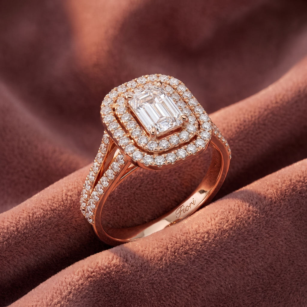18K Halo Emerald Diamond Ring — AI cloth, in-house