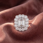 18K Halo Emerald Cut Diamond Solitaire Ring — AI cloth, in-house