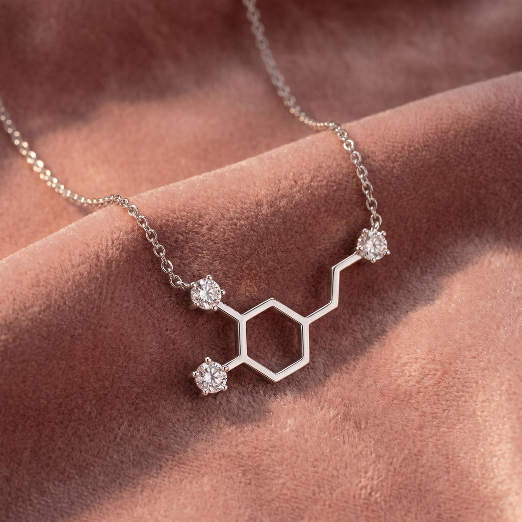 14K Serotonin Molecule Round Diamond Pendant — AI cloth, in-house