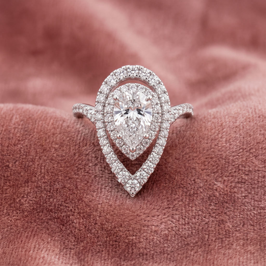 18K Halo Pear Diamond Ring — AI cloth, in-house