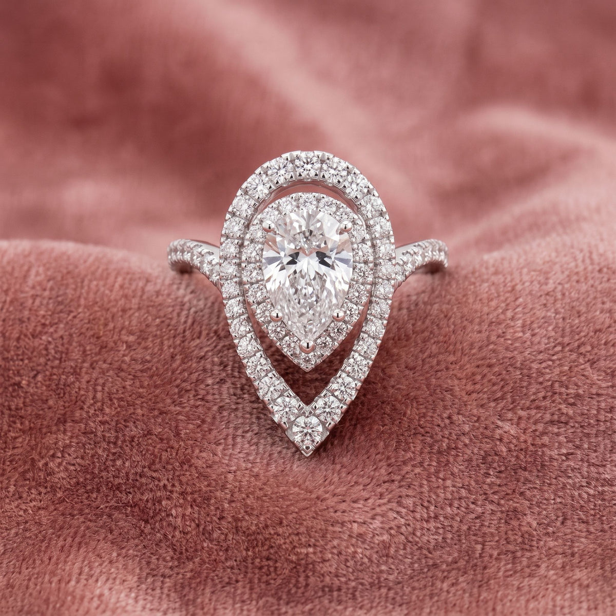 18K Halo Pear Diamond Ring — AI cloth, in-house