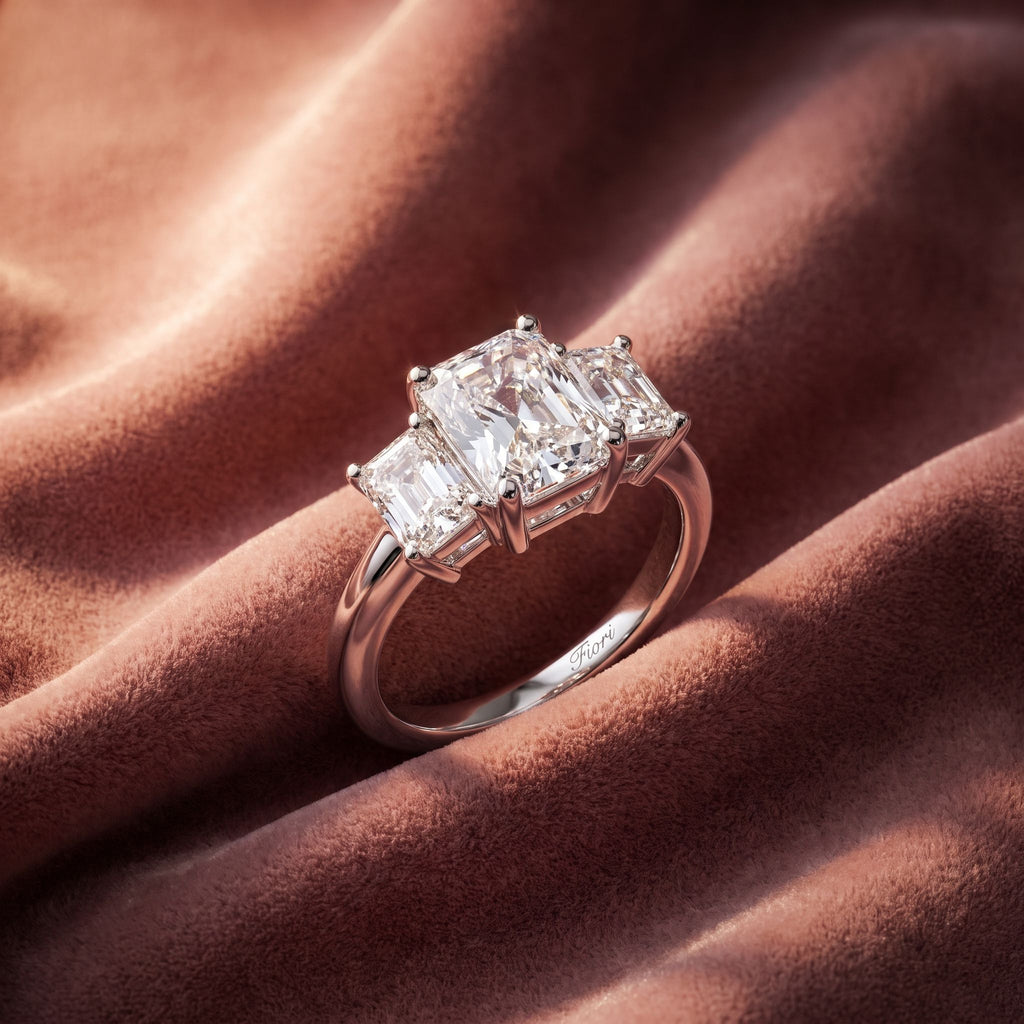 18K Trilogy Emerald Diamond Engagement Ring — AI cloth, in-house