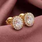 18K Round Halo Diamond Earrings — AI cloth, in-house