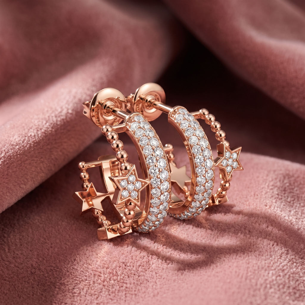 18K Crescent Moon and Stars Diamond Earrings — AI cloth, in-house