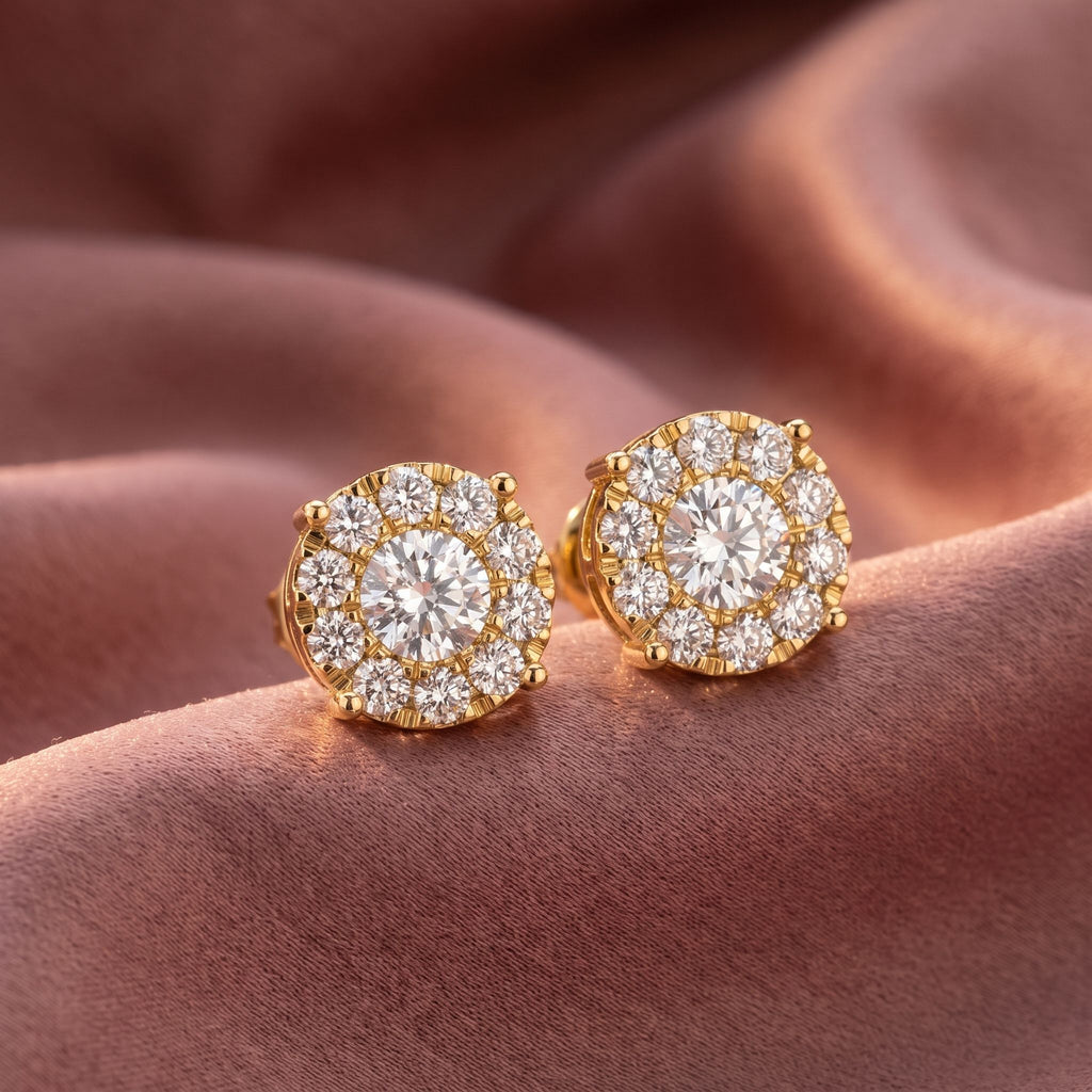 18K Round Floral Halo Diamond Earrings — AI cloth, in-house
