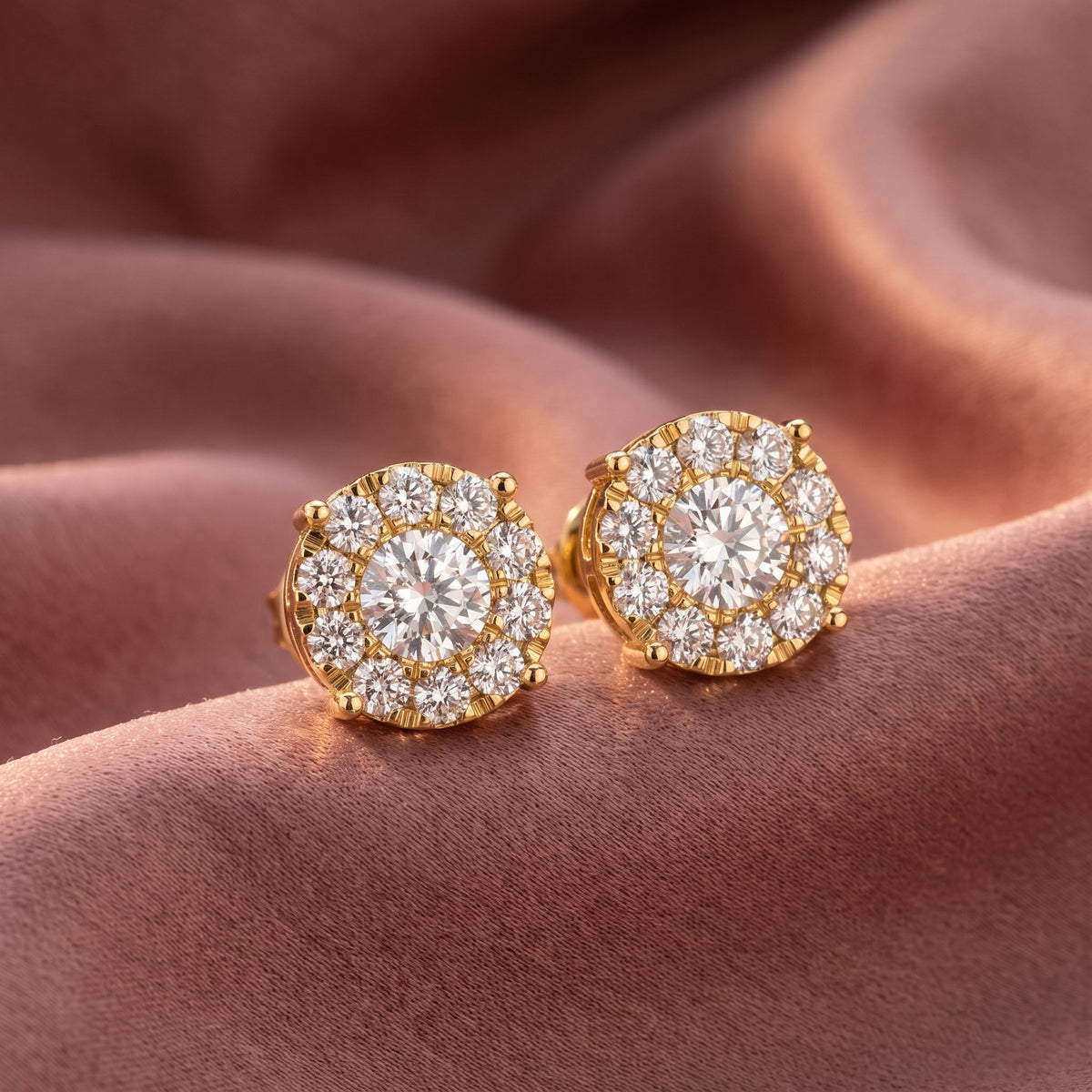 18K Round Floral Halo Diamond Earrings — AI cloth, in-house