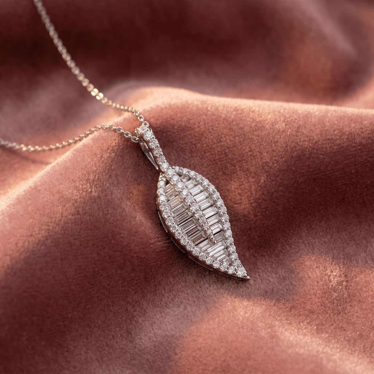 18K Leaf Baguette Diamond Pendant — AI cloth, in-house