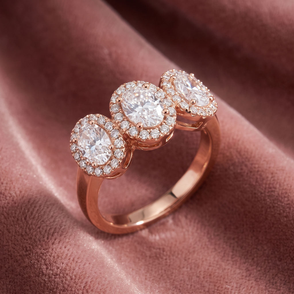 18K Trilogy Halo Oval Diamond Ring — AI cloth, in-house