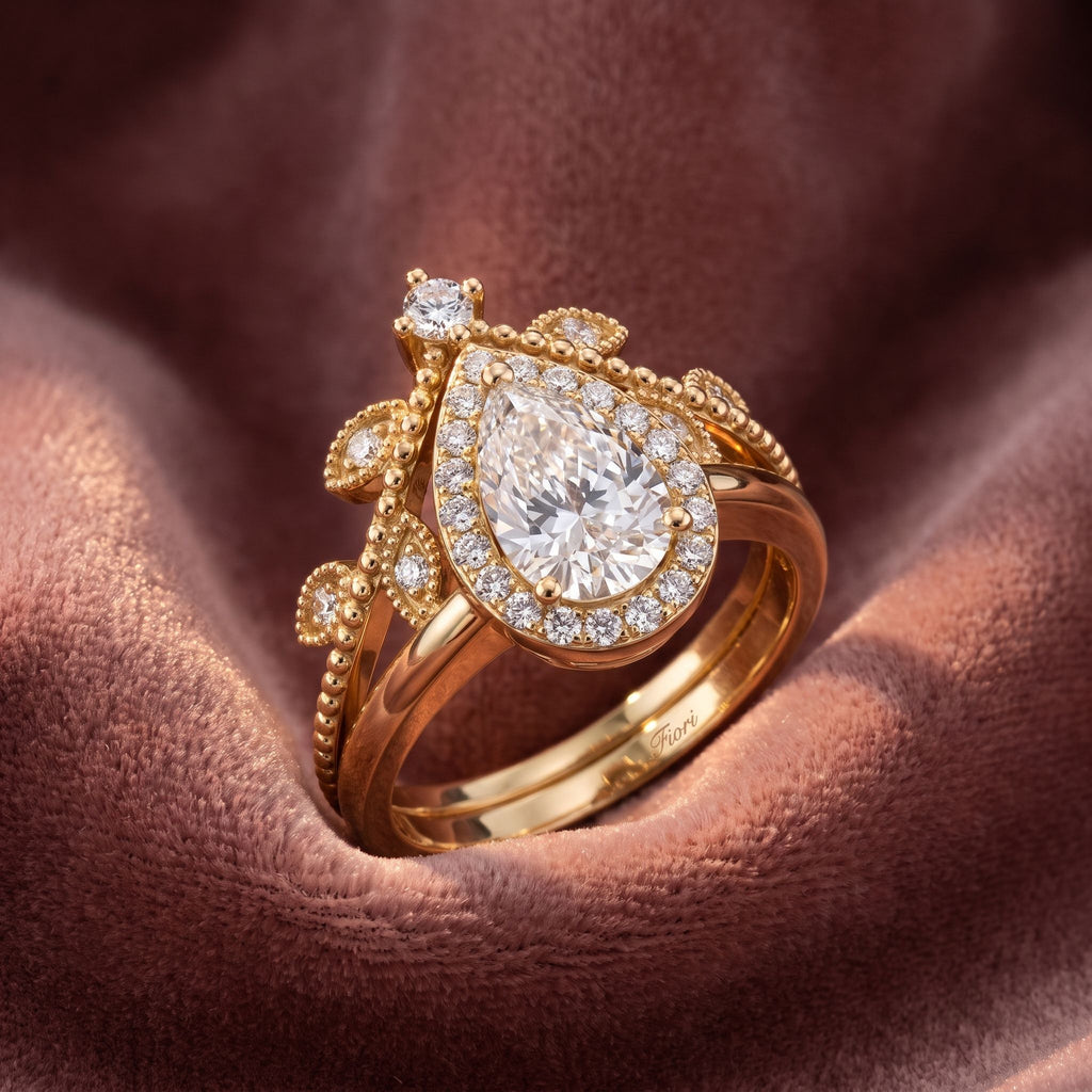 18K Halo Pear Diamond Engagement Ring — AI cloth, in-house
