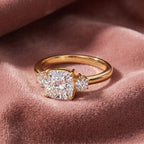 18K Trilogy Cushion Diamond Ring — AI cloth, in-house