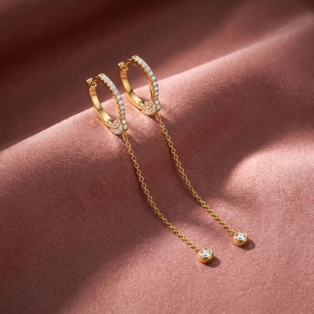 18K Hoop Drop Diamond Earrings — AI cloth, in-house