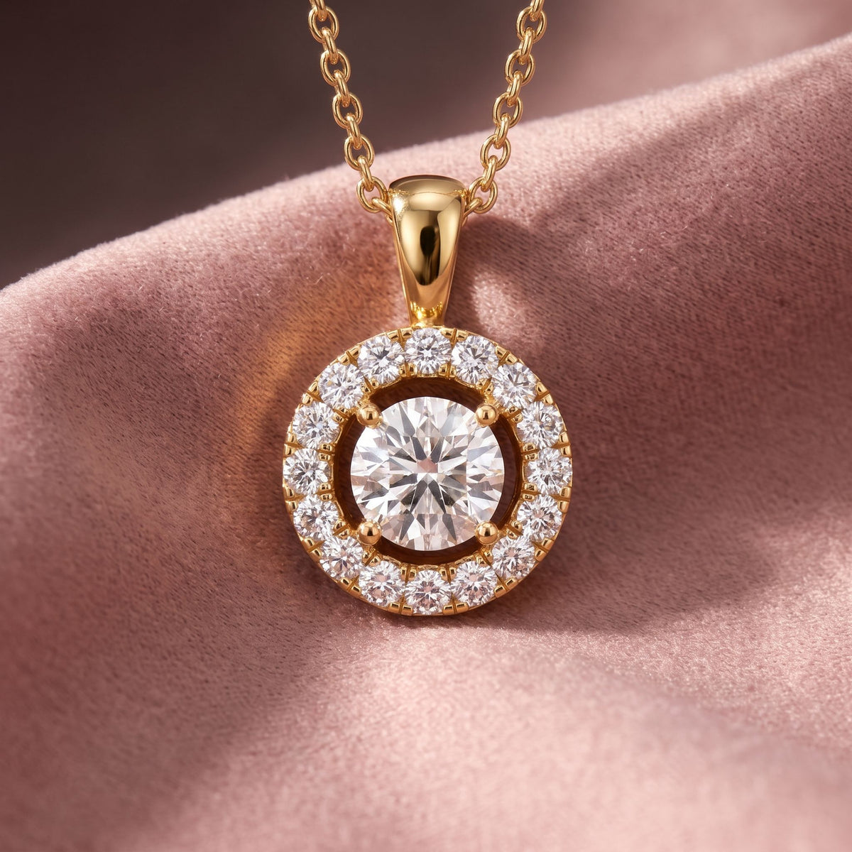 18K Halo Round Diamond Pendant — AI cloth, in-house