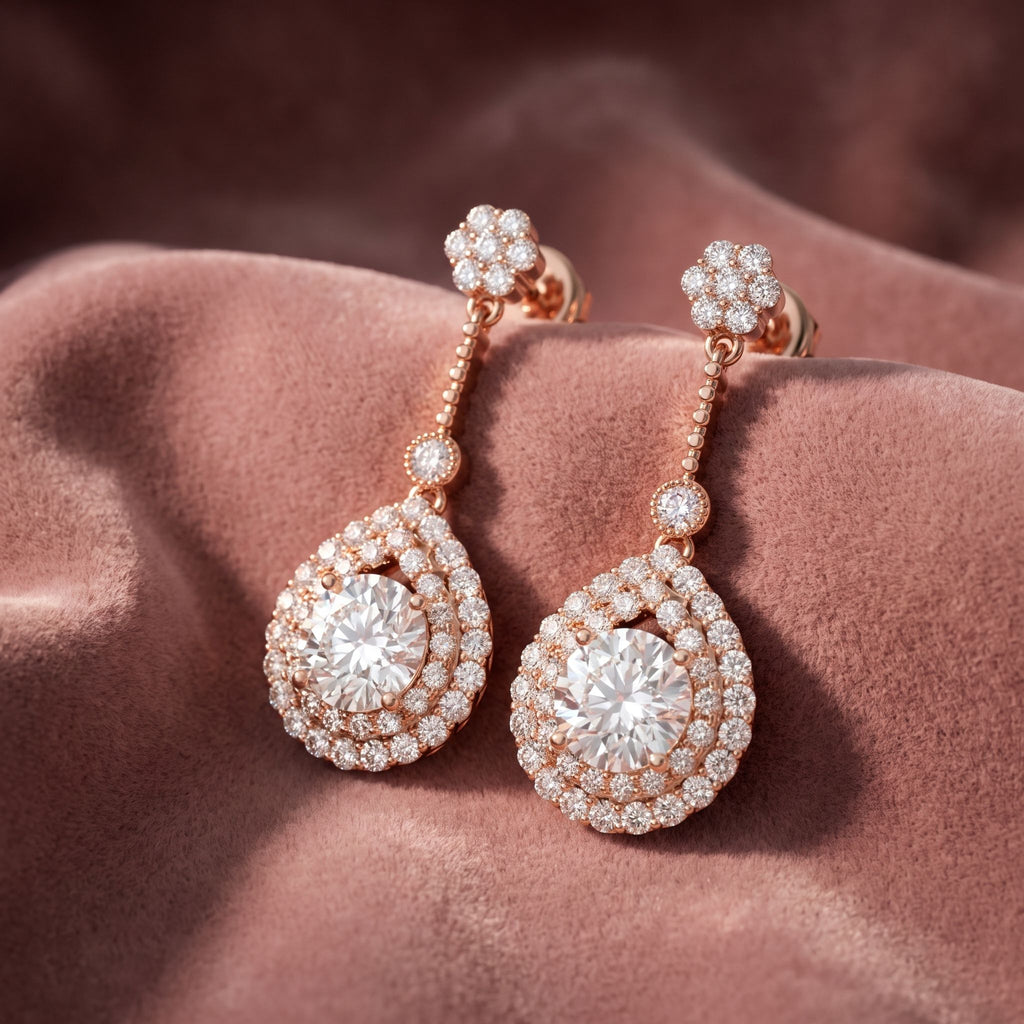 18K Drop Pear Halo Diamond Earrings — AI cloth, in-house