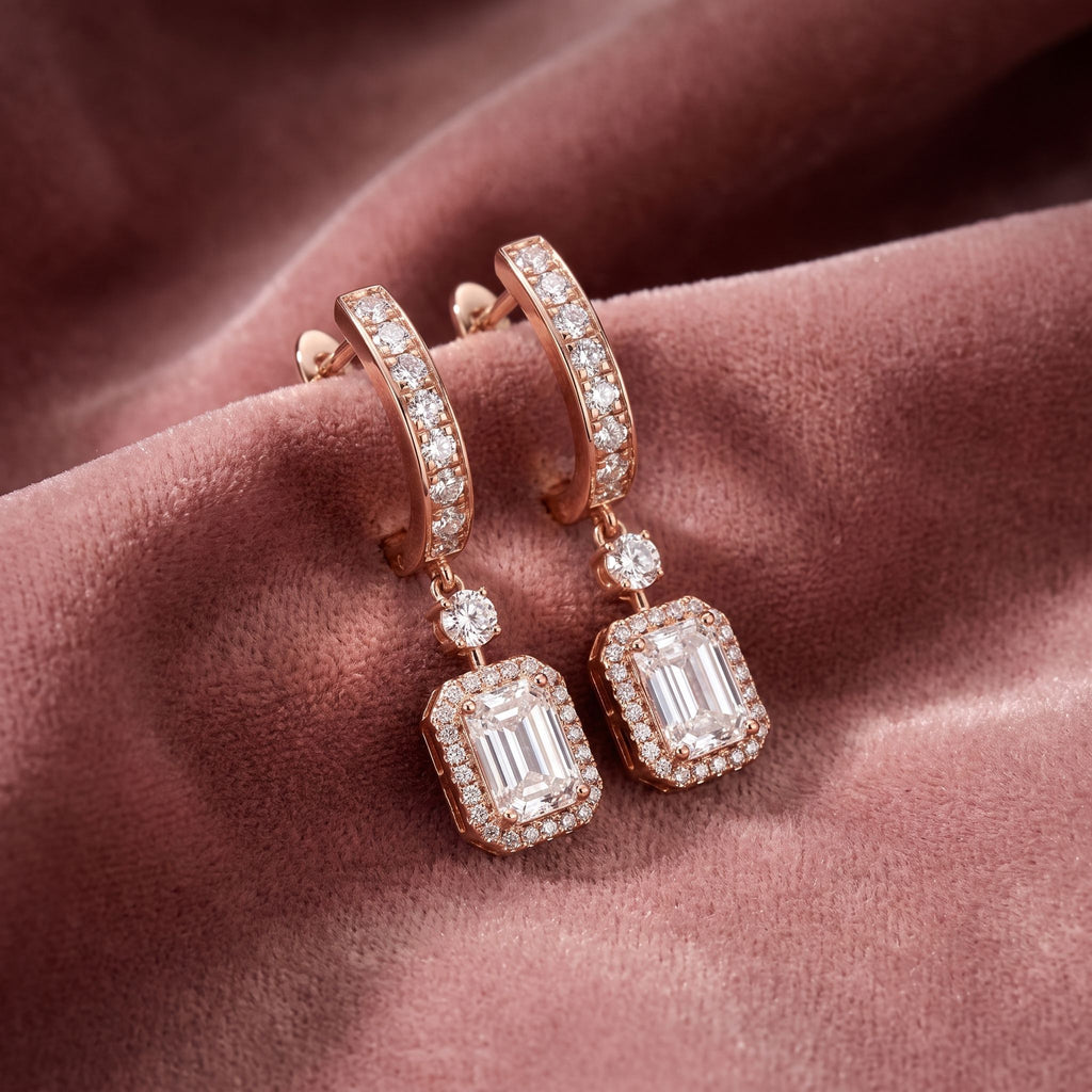 18K Halo Round Diamond Drop Earrings — AI cloth, in-house