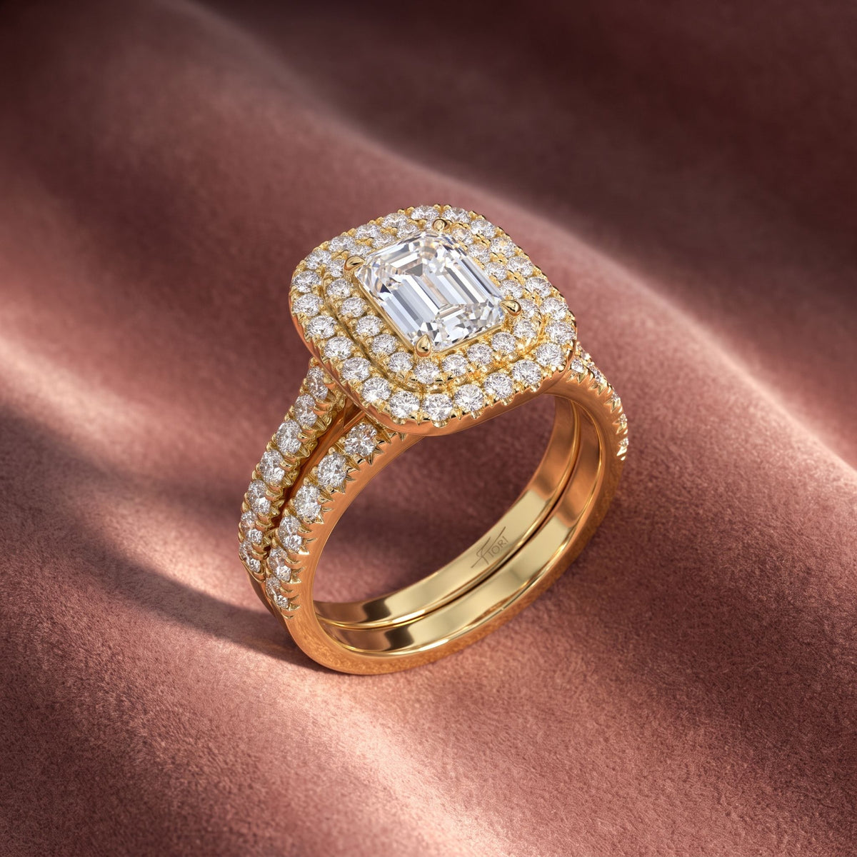 18K Halo Emerald Diamond Ring — AI cloth, in-house