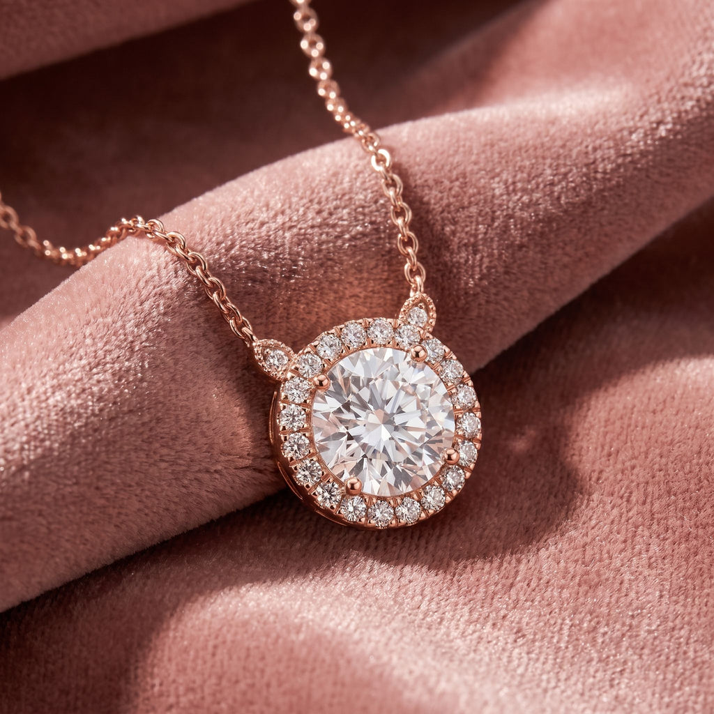 18K Halo Round Diamond Pendant — AI cloth, in-house