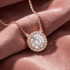 18K Halo Round Diamond Pendant — AI cloth, in-house