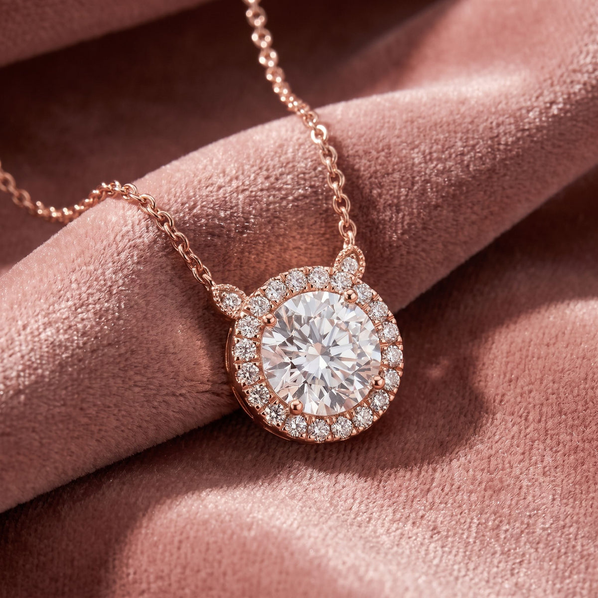 18K Halo Round Diamond Pendant — AI cloth, in-house