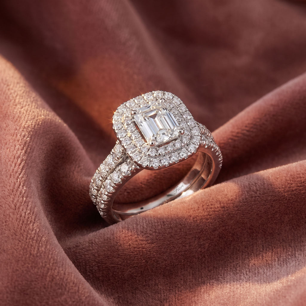 18K Halo Emerald Diamond Ring — AI cloth, in-house