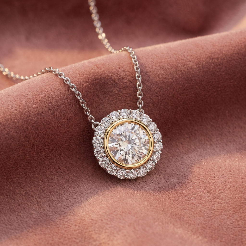 18K Halo Round Diamond Pendant — AI cloth, in-house