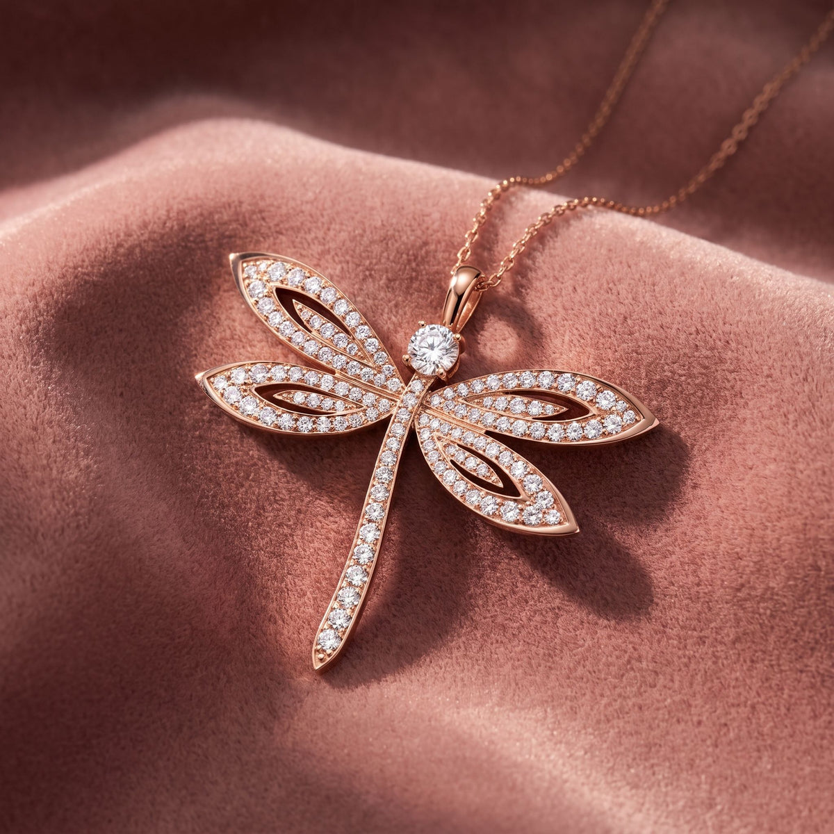 18K Dragonfly Pave Diamond Pendant — AI cloth, in-house