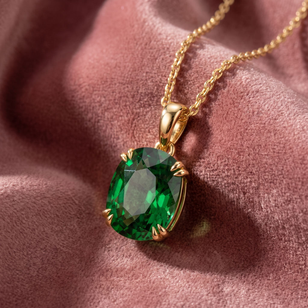 18K Solitaire Cushion Emerald Pendant — AI cloth, in-house