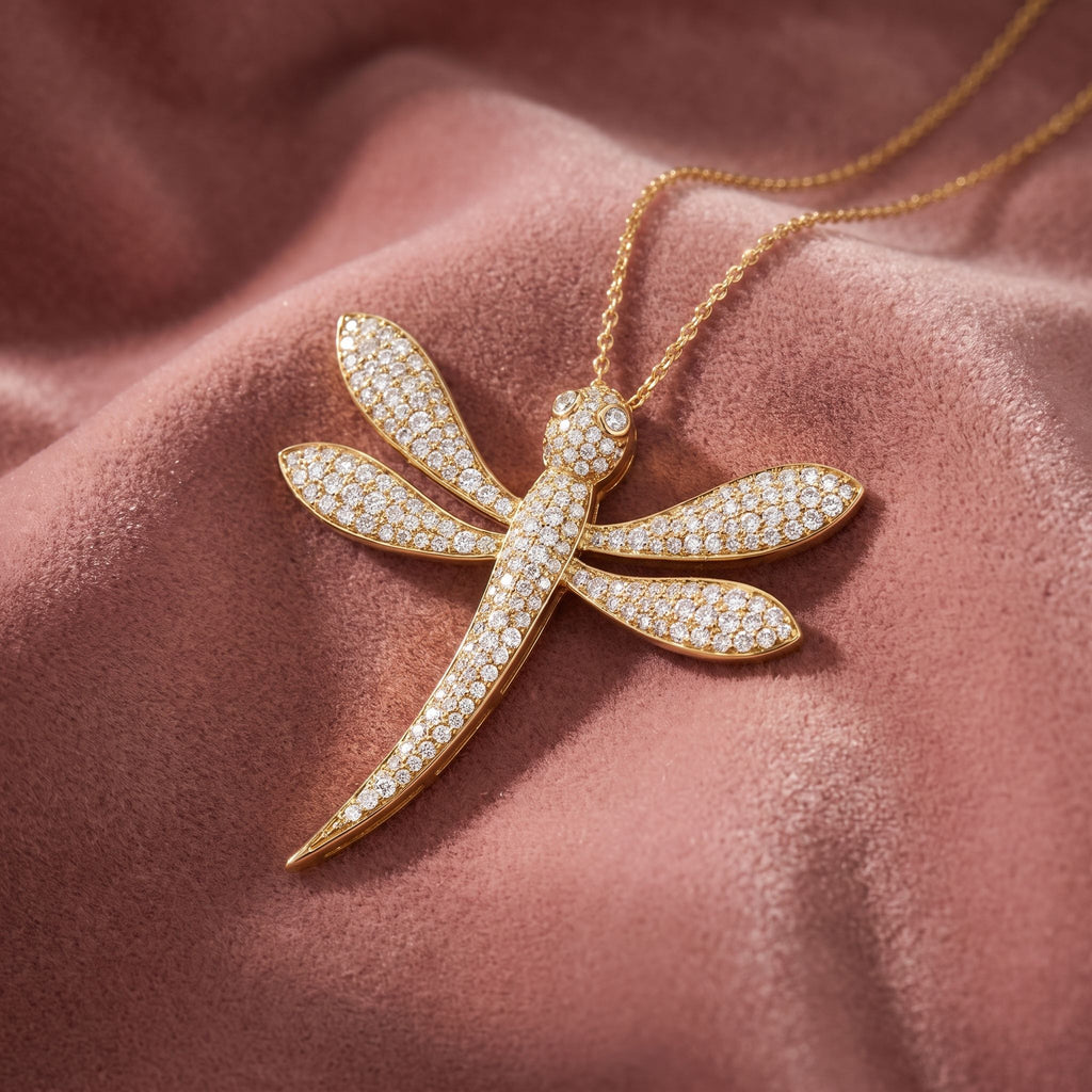 18K Dragonfly Diamond Pendant — AI cloth, in-house