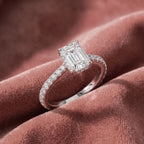 18K Solitaire Emerald Cut Diamond Ring — AI cloth, in-house