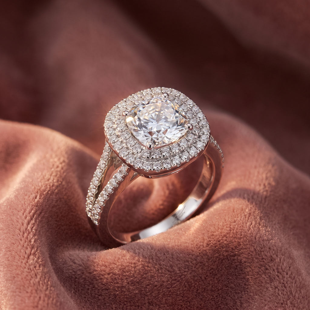 18K Halo Cushion Diamond Engagement Ring — AI cloth, in-house