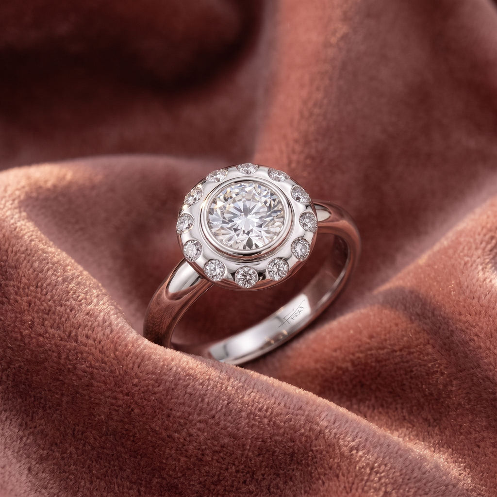 18K Halo Round Diamond Solitaire Ring — AI cloth, in-house