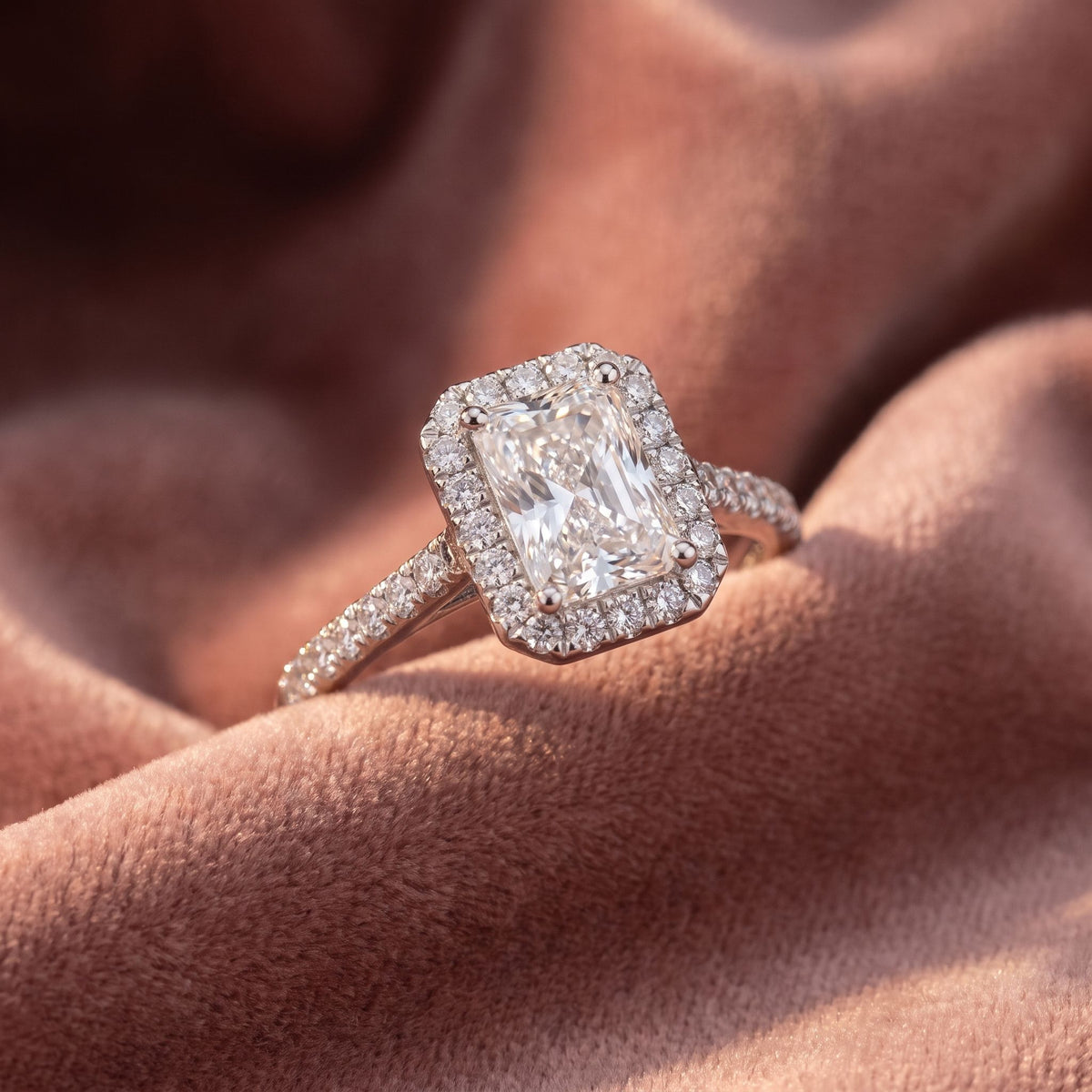 18K Halo Emerald-Cut Diamond Ring — AI cloth, in-house