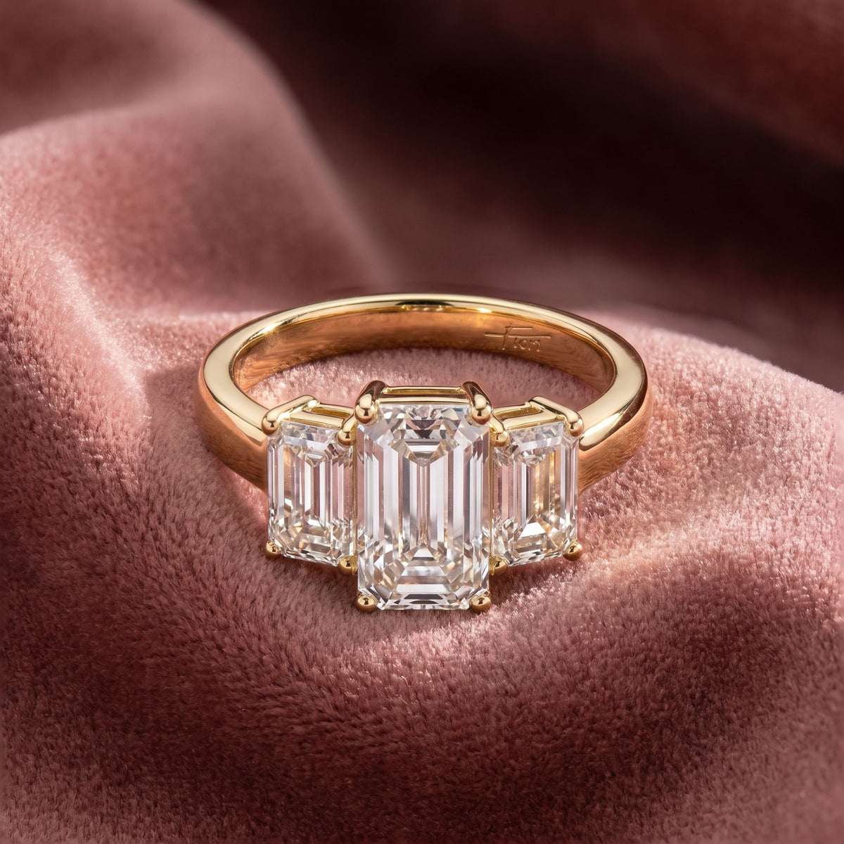 18K Trilogy Emerald Cut Diamond Ring — AI cloth, in-house