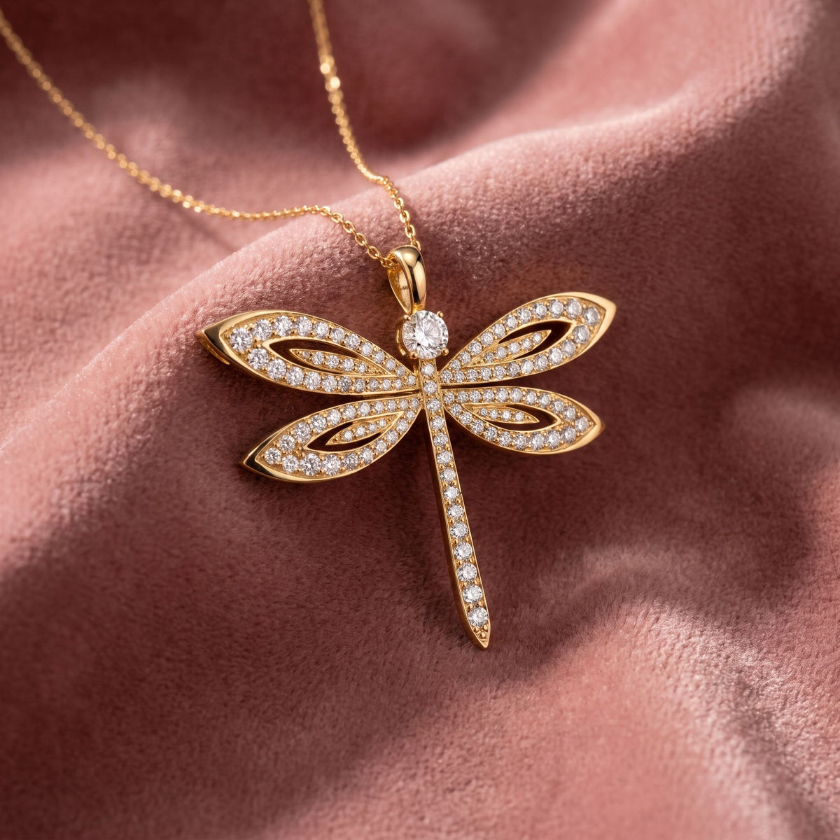 18K Dragonfly Pave Diamond Pendant — AI cloth, in-house