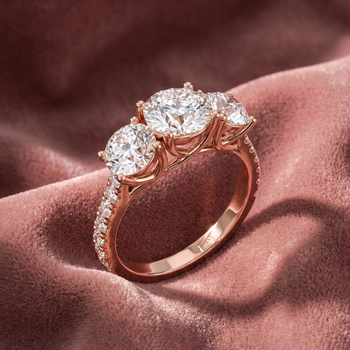 18K Trilogy Round Diamond Engagement Ring — AI cloth, in-house