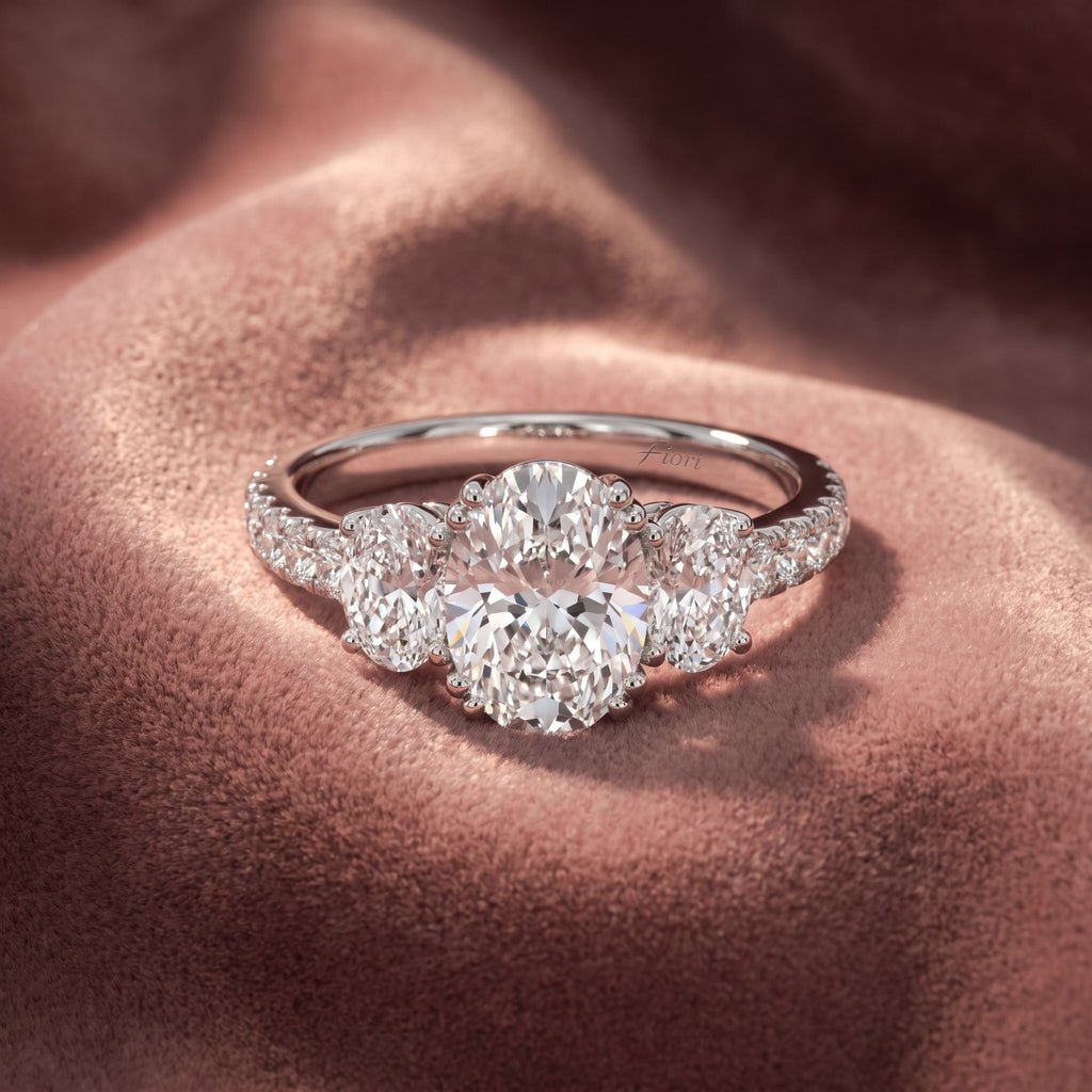 18K Trilogy Oval Diamond Engagement Ring — AI cloth, in-house
