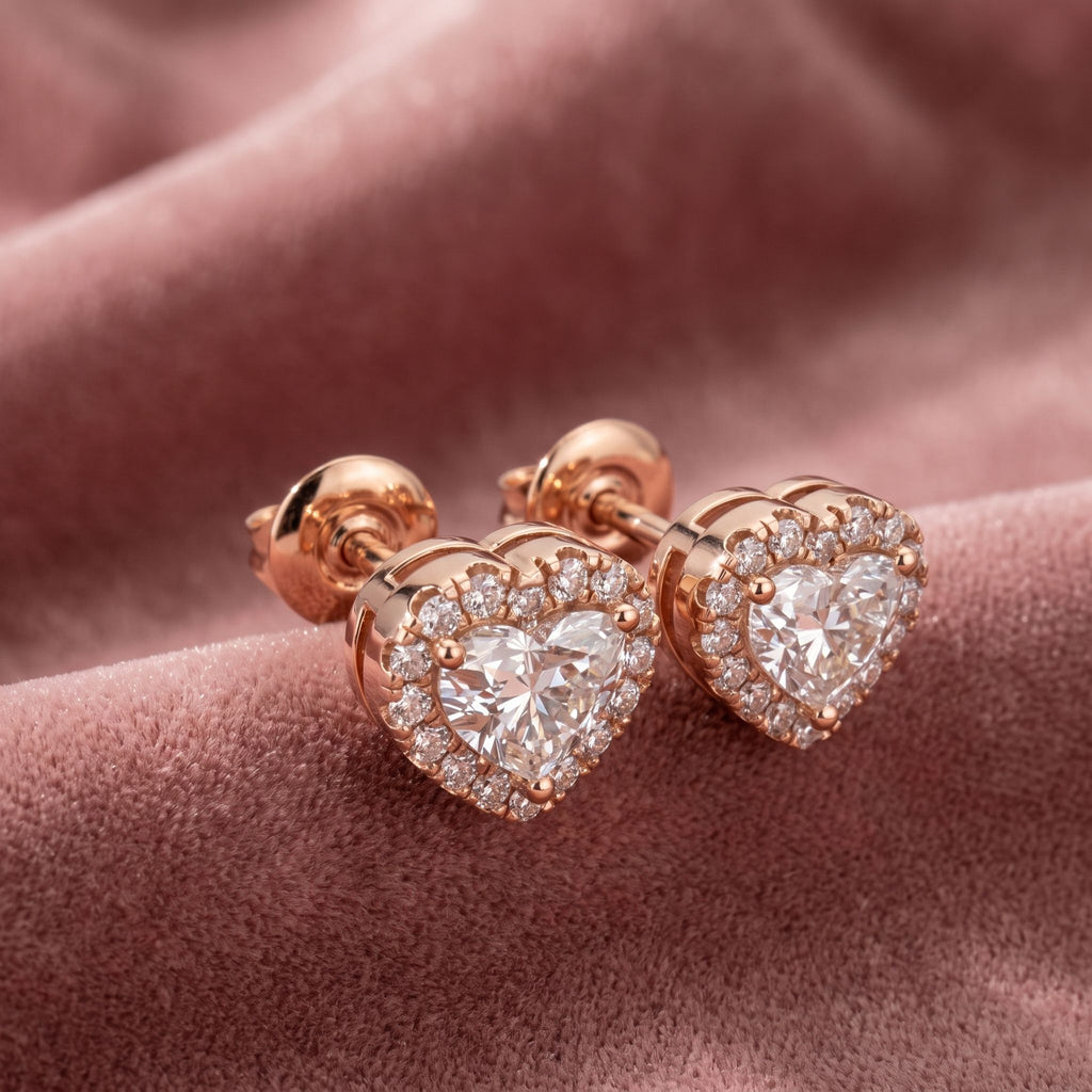 18K Heart Halo Diamond Earrings — AI cloth, in-house